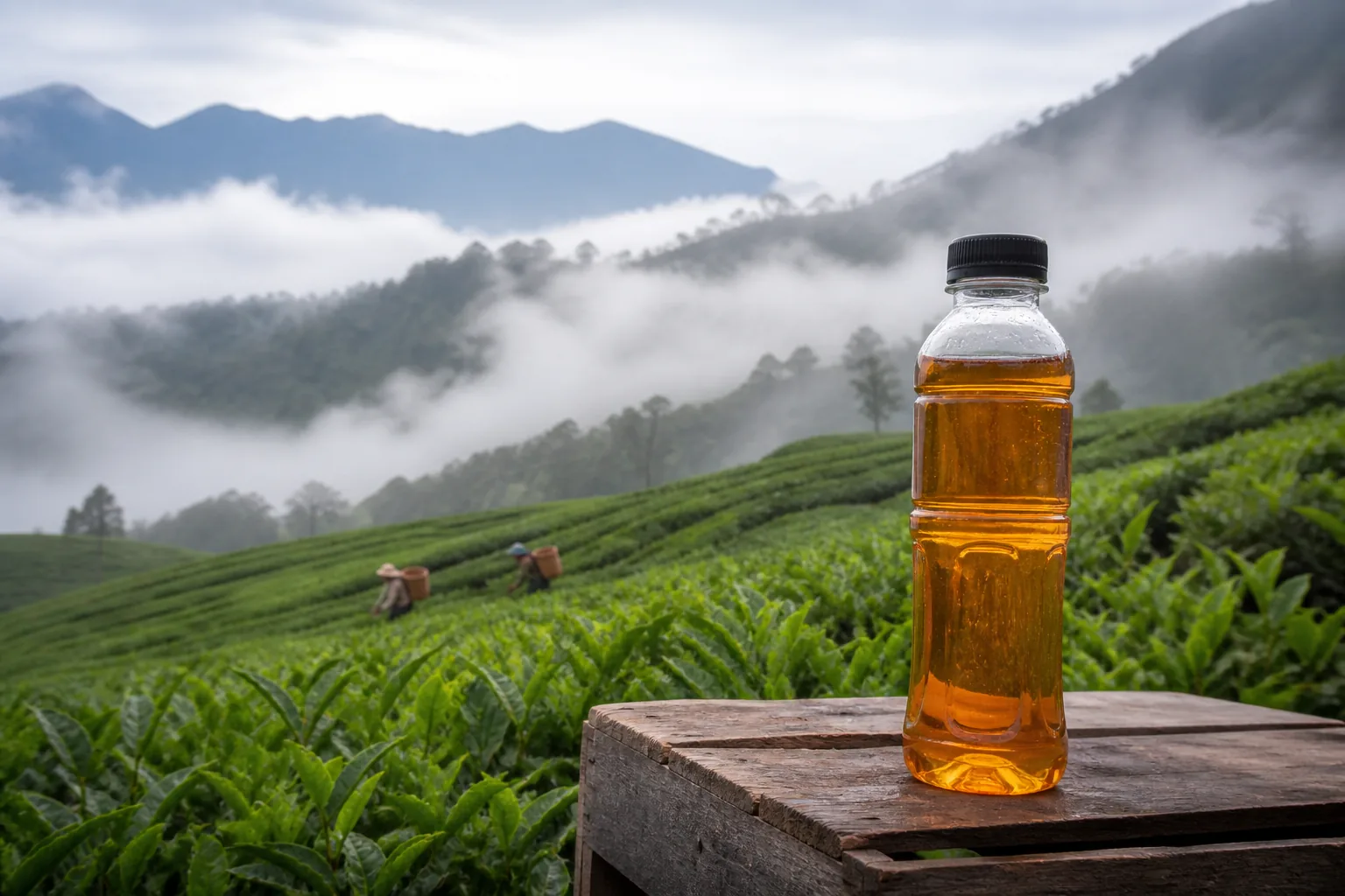 Kebun teh berkabut dengan botol teh di peti kayu depan